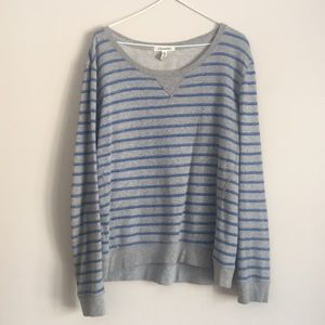 Grey Pullover with blue stripes. Crew neck. MEDIUM